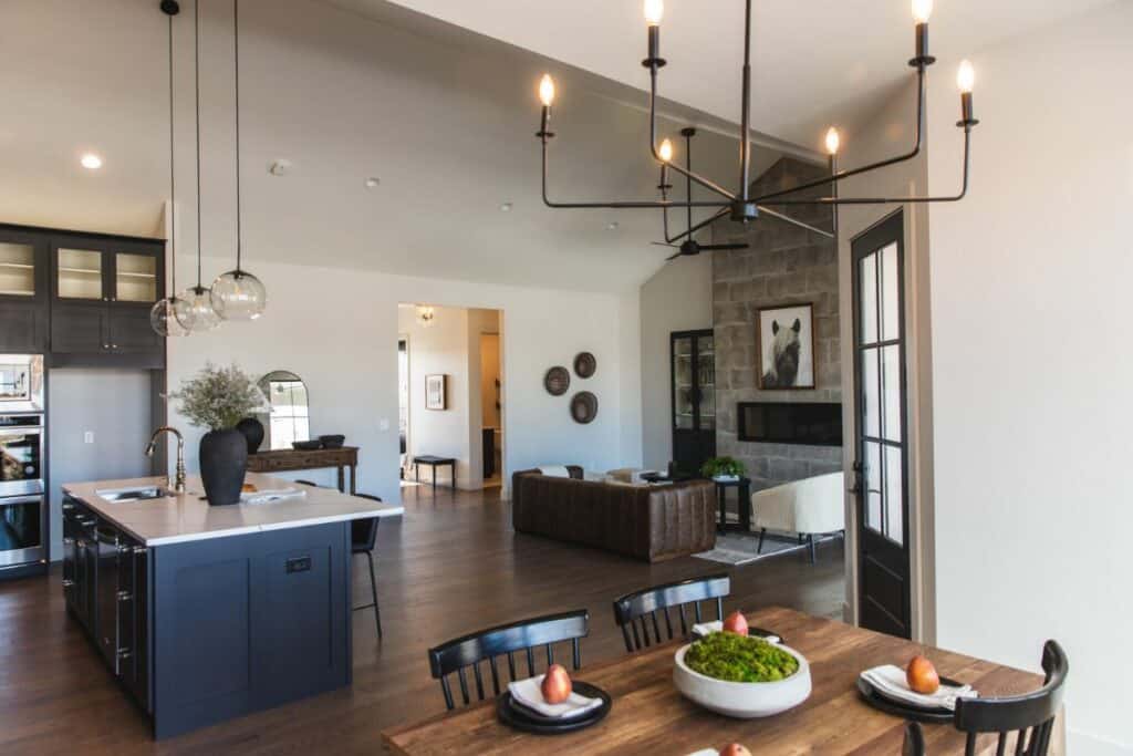 beautiful custom built home kitchen and living room.