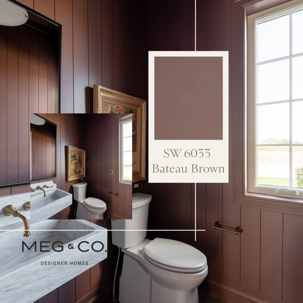 a beautiful guest bathroom in a custom home by Meg & Co is painted in Bateau Brown (SW 6033) by Sherwin-Williams a very unique paint color 2025