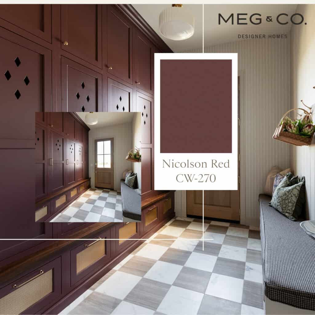 a beautiful mudroom in a custom home designed and built by Meg & Co - painted in Nicolson Red CW-270 by Benjamin Moore