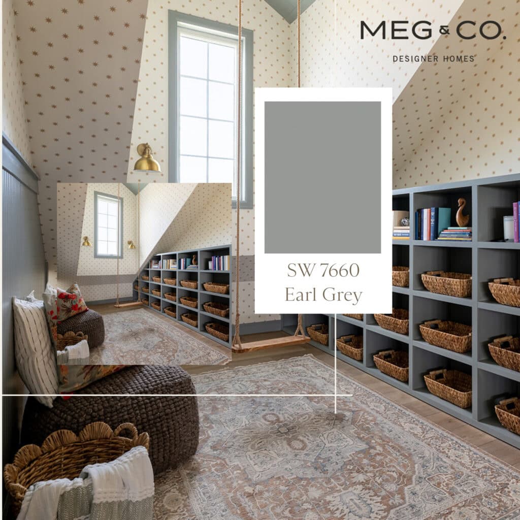 an example of a little playroom with built ins, a swing and vertical wood paneling painted in one of the best interior paint colors in 2025, Earl Grey by Sherwin-Williams SW 7660