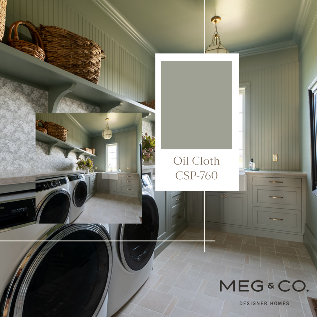 beautiful laundry room in a custom home by Meg & co, painted in Oil Cloth by Benjamin Moore is one of the best interior paint colors in 2025