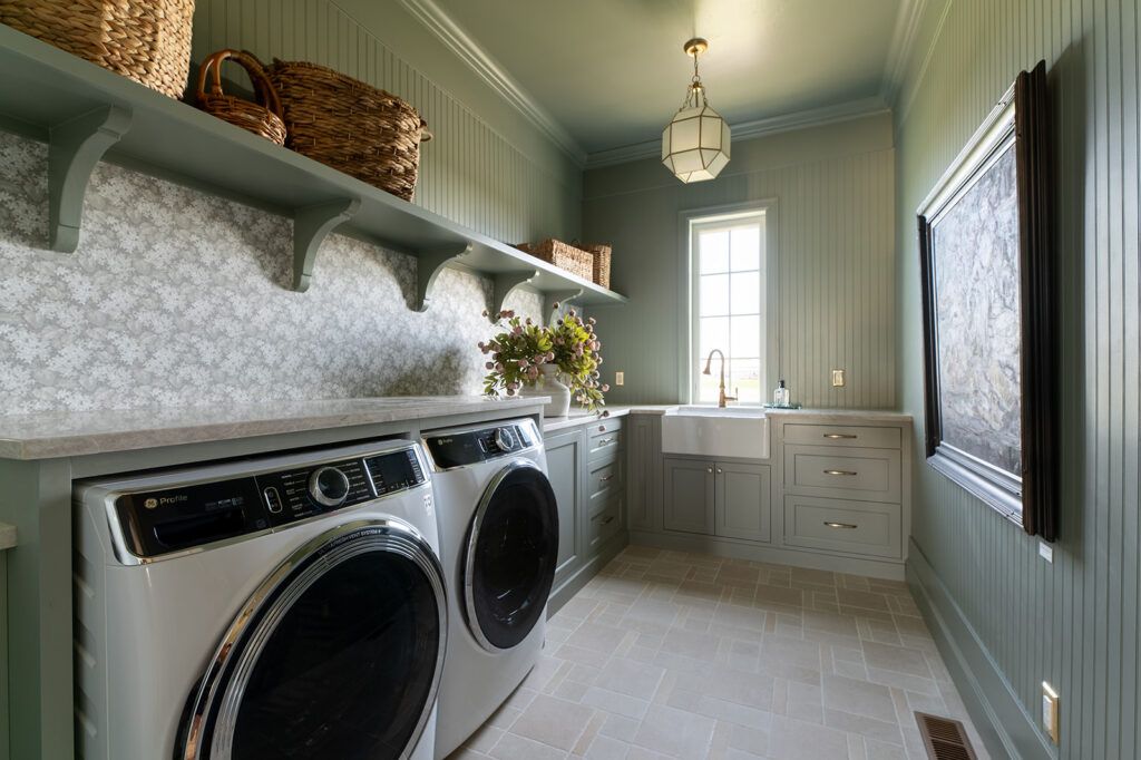 Oil Cloth by Benjamin Moore is one of the best interior paint colors in 2025, we selected it for this laundry room | Meg & Co