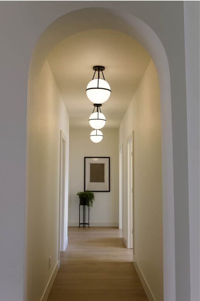 a set of three Mid Century Semi Flush Mount Ceiling Lights in a hallway in a custom home by Meg & Co 