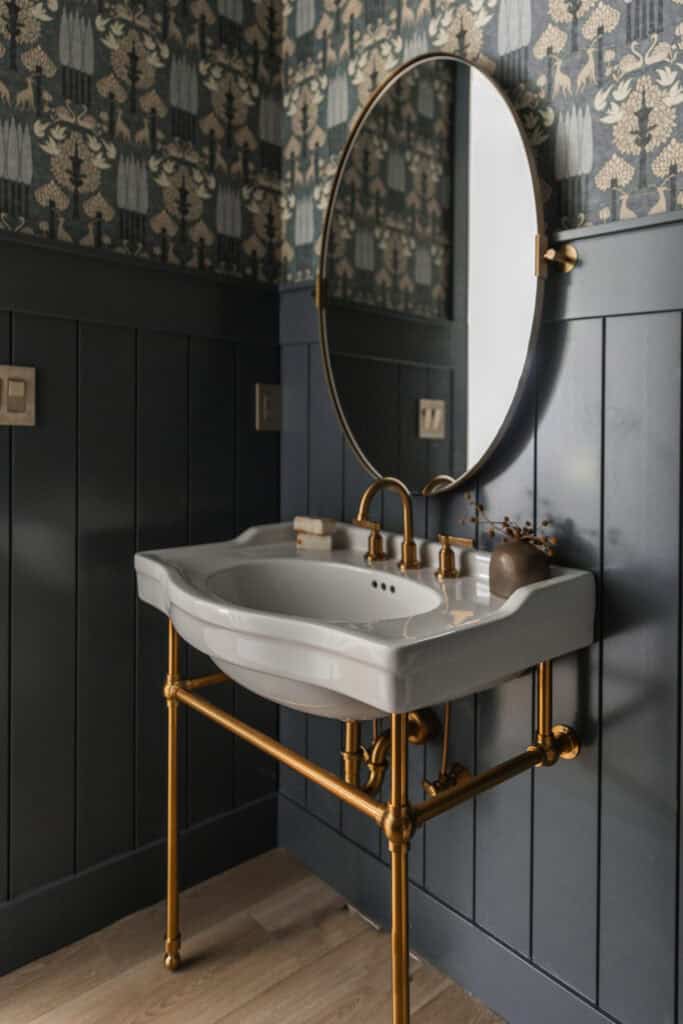 rich fall tones on the paneled walls Paired with gold plumbing and the Duleek wallpaper, featuring a woodland scene of swans, stags, and songbirds in this powder room in a custom home by Meg & Co