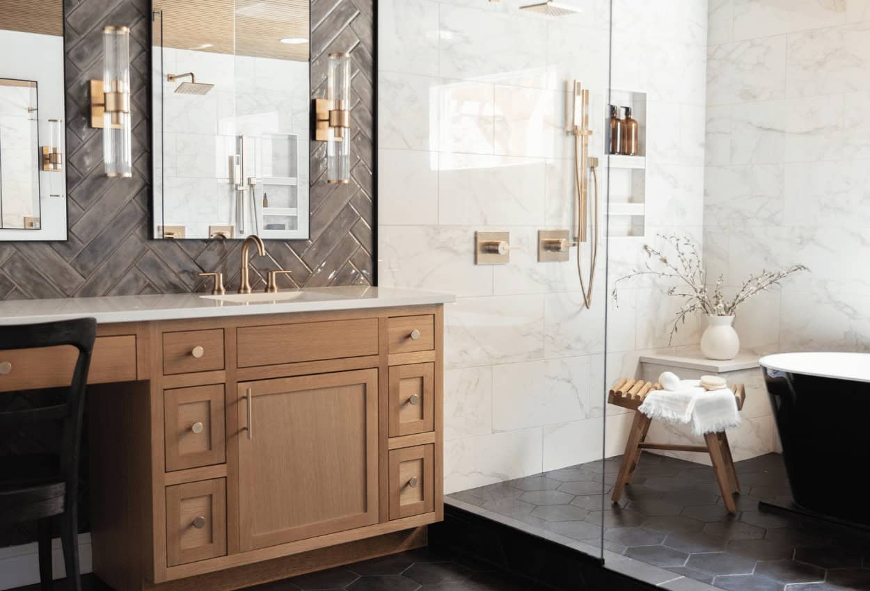 Beautiful custom bathroom design by Meg & Co Idaho Custom Home Builders.