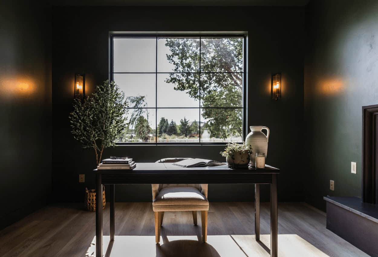 Beautiful custom office design by Meg & Co Sun Valley Idaho Custom Home Builders.