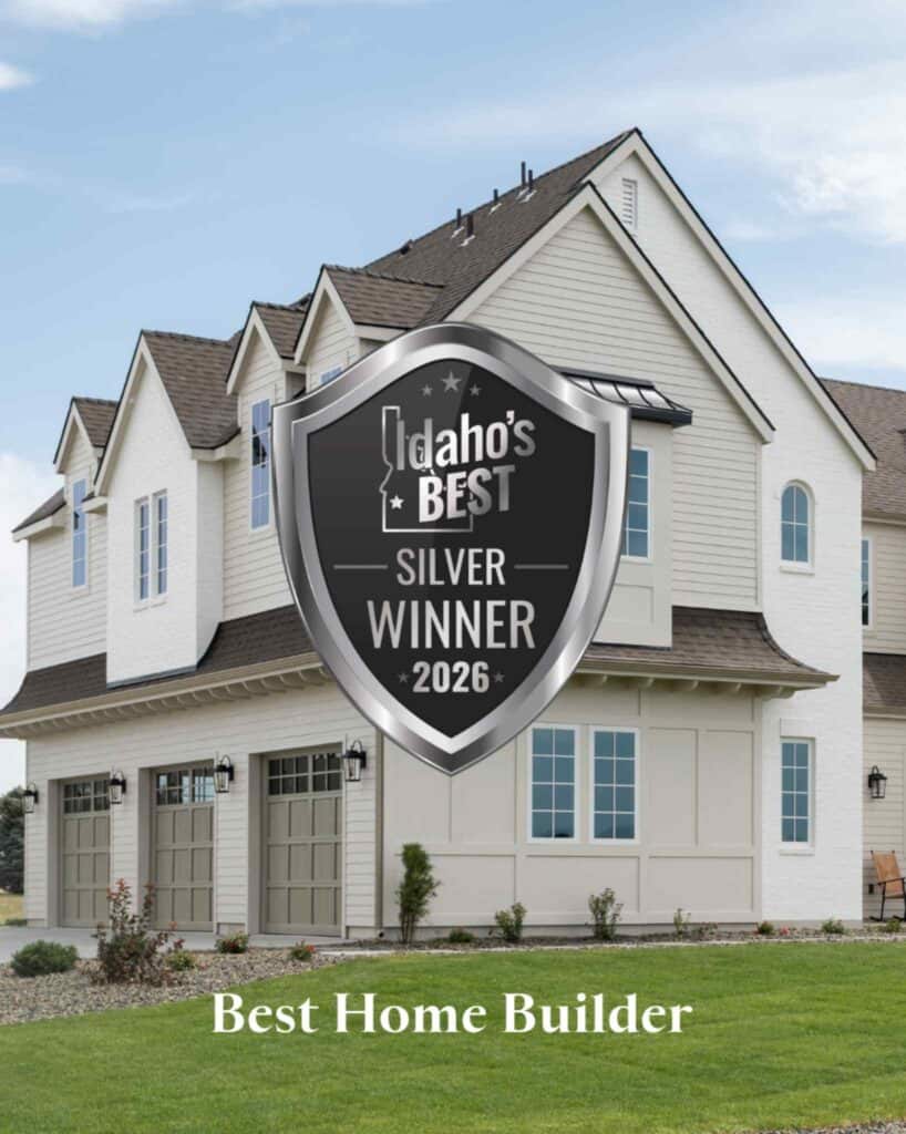 Exterior of a custom home with a 2026 Idaho’s Best Silver Winner badge and “Best Home Builder” text.
