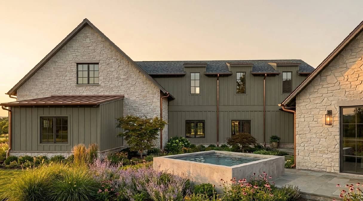 Rendering of a private courtyard at The Mahony featuring a raised rectangular spa surrounded by stone walls, board-and-batten siding, copper accents, and landscaped gardens.
