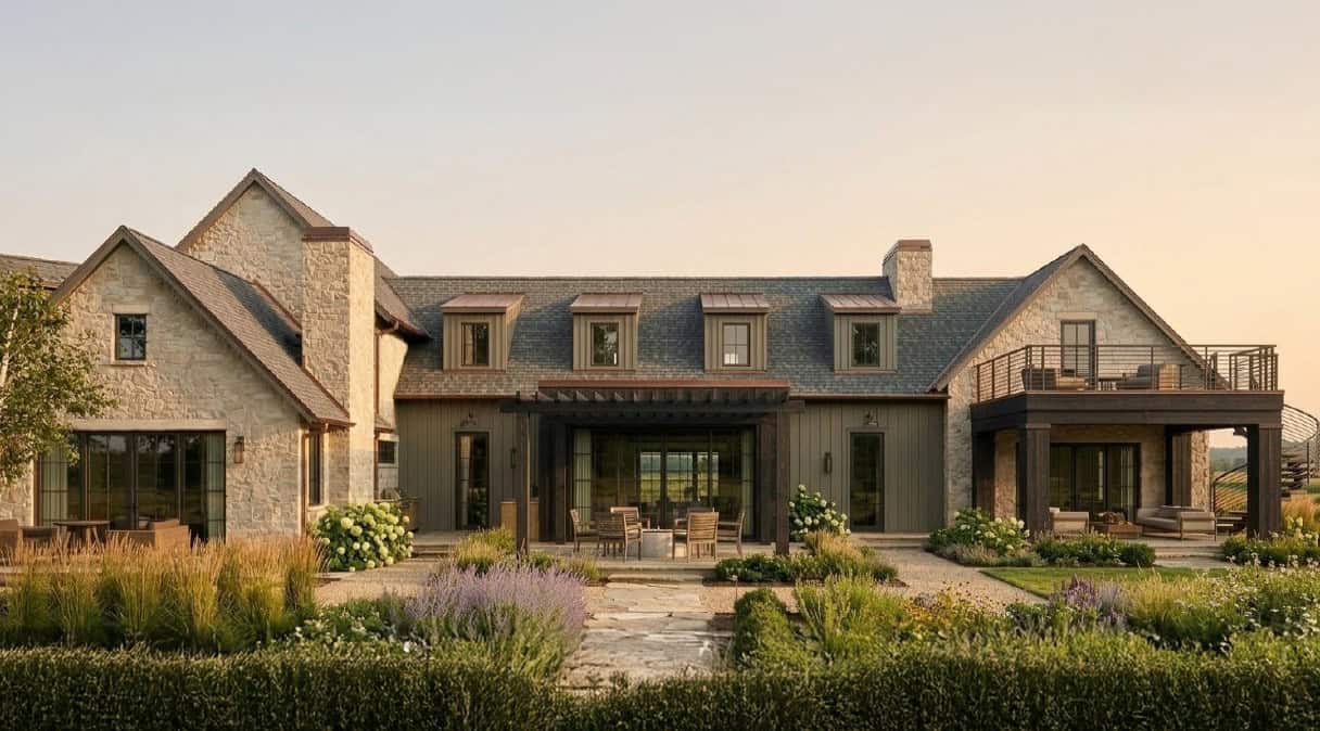 Rendering of The Mahony’s rear exterior with natural stone, dormer windows, covered outdoor living and dining areas, an upper terrace, and landscaped gardens.