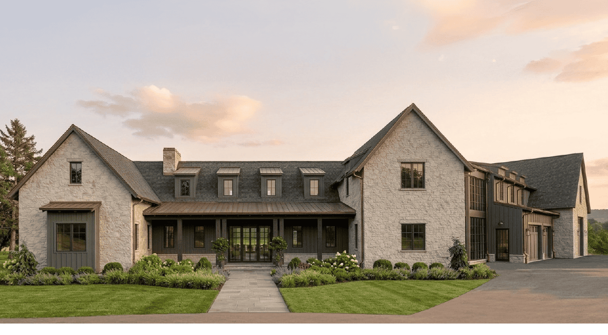 Front exterior rendering of The Mahony featuring natural stone, dark board-and-batten siding, copper roof accents, multiple gables, dormer windows, and a covered entry.