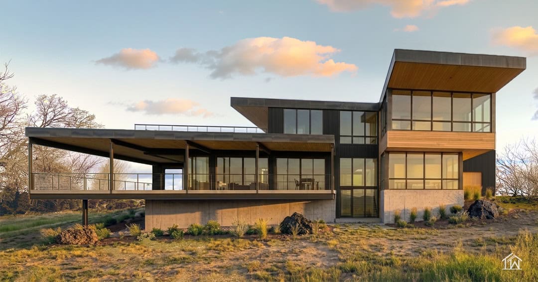 Rear rendering of The McKissack featuring floor-to-ceiling windows, a large covered deck, dark vertical siding, wood accents, and modern rooflines.