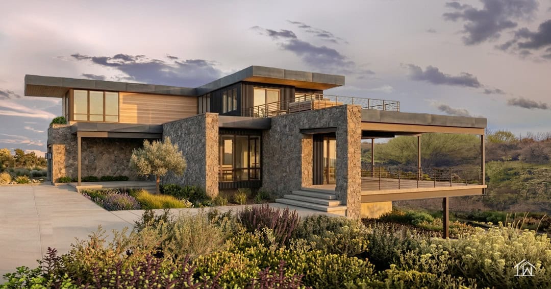 Rendering of The McKissack featuring a modern stone exterior, flat rooflines, large windows, an upper terrace, and a covered outdoor living area.