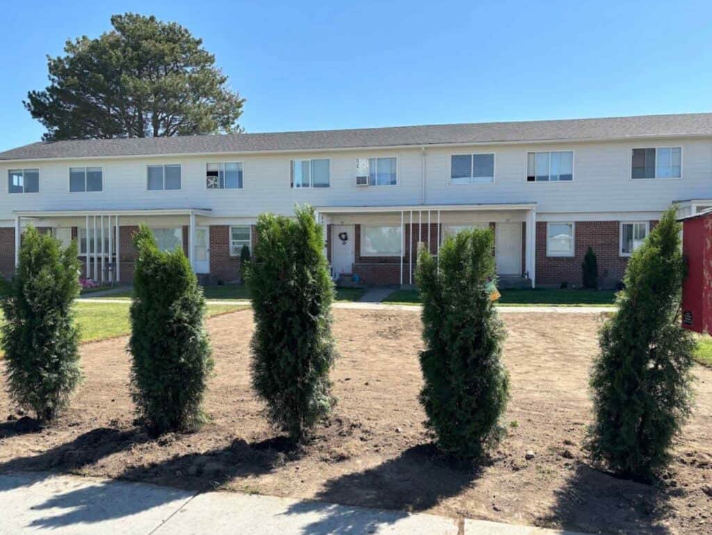 Exterior of a two-story residential building with newly planted evergreen trees and freshly graded landscaping in front.