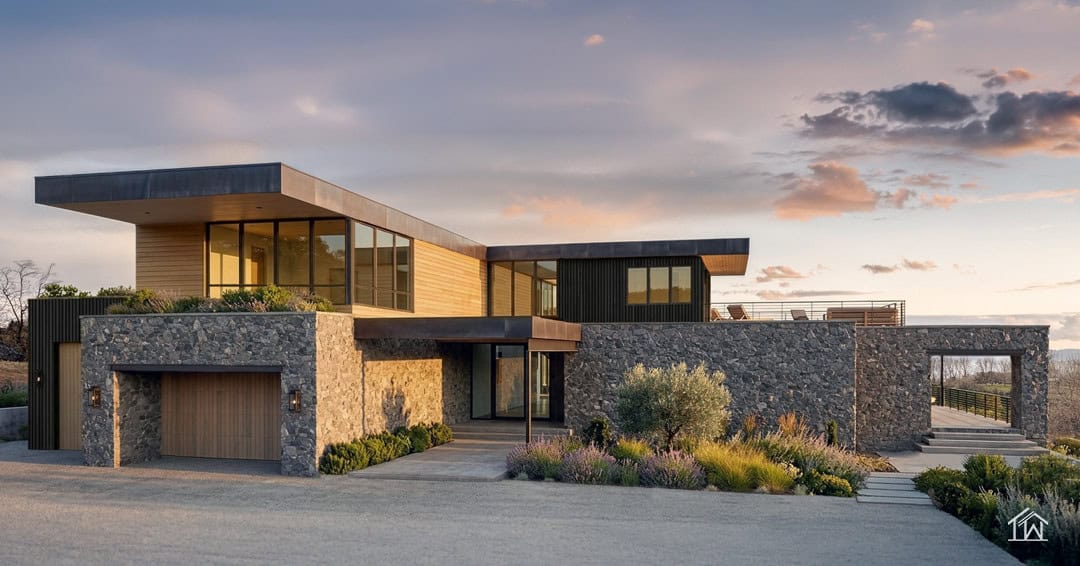 Front exterior rendering of The McKissack with natural stone walls, wood siding, dark vertical siding, large windows, flat rooflines, and an attached garage.