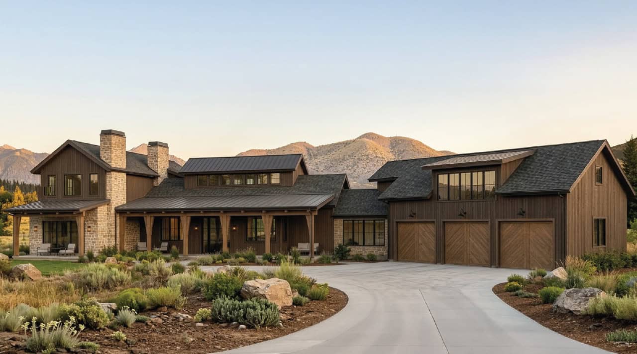 Custom Home Hailey Idaho - Meg & Co Designer Homes Front exterior rendering of The Merrick, a mountain modern custom home in Hailey, Idaho, featuring natural stone, dark wood siding, and a three-car garage.