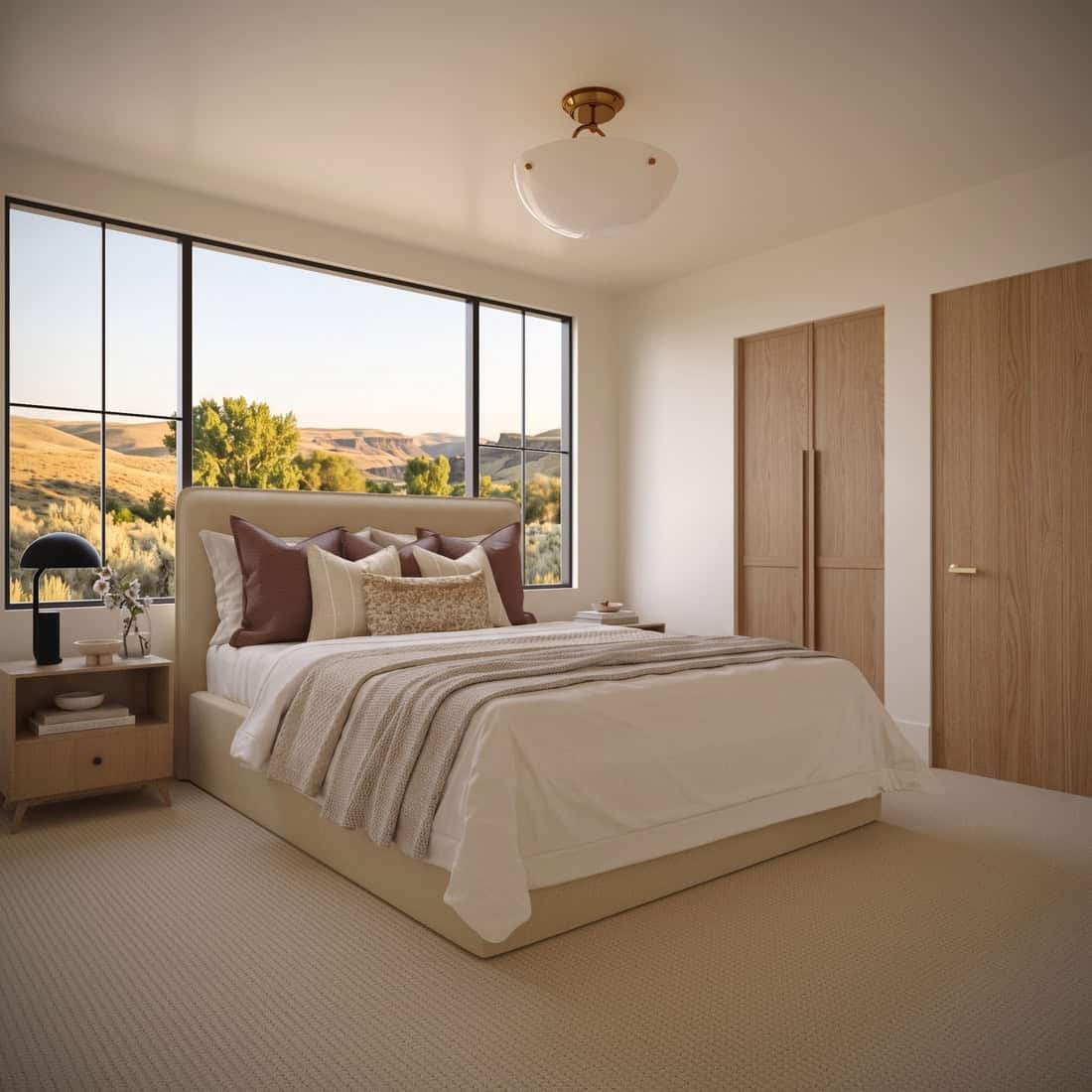 The Merrick Bedroom - Luxury Custom Home Hailey Idaho Guest bedroom in The Merrick featuring warm wood wardrobes, expansive windows, neutral finishes, and views of the surrounding landscape.