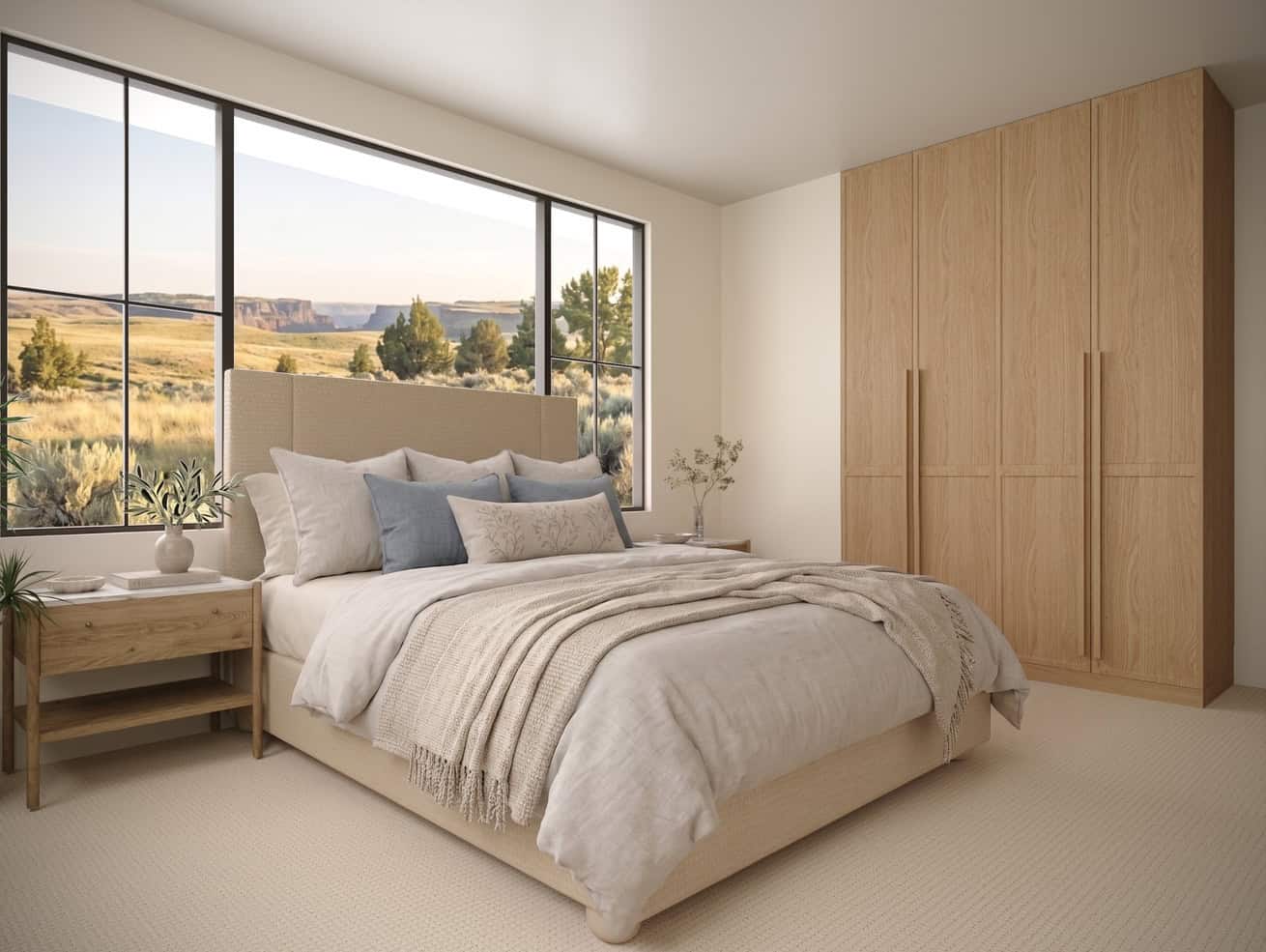 The Merrick Bedroom Three - Luxury Custom Home Hailey Idaho Guest bedroom in The Merrick featuring custom wood wardrobes, expansive windows, soft neutral finishes, and views of the Idaho landscape.