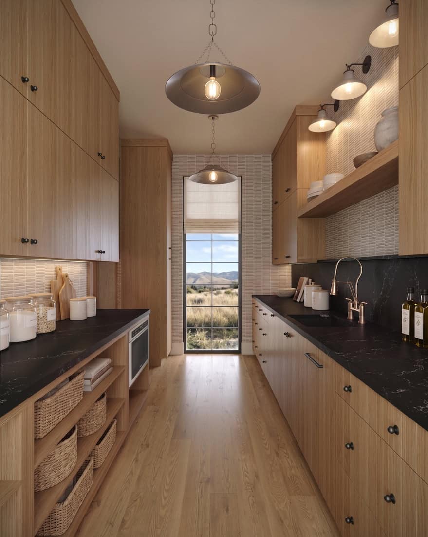 The Merrick Custom Pantry - Luxury Custom Home Hailey Idaho Custom pantry in The Merrick featuring natural wood cabinetry, open shelving, dark stone countertops, and abundant storage.