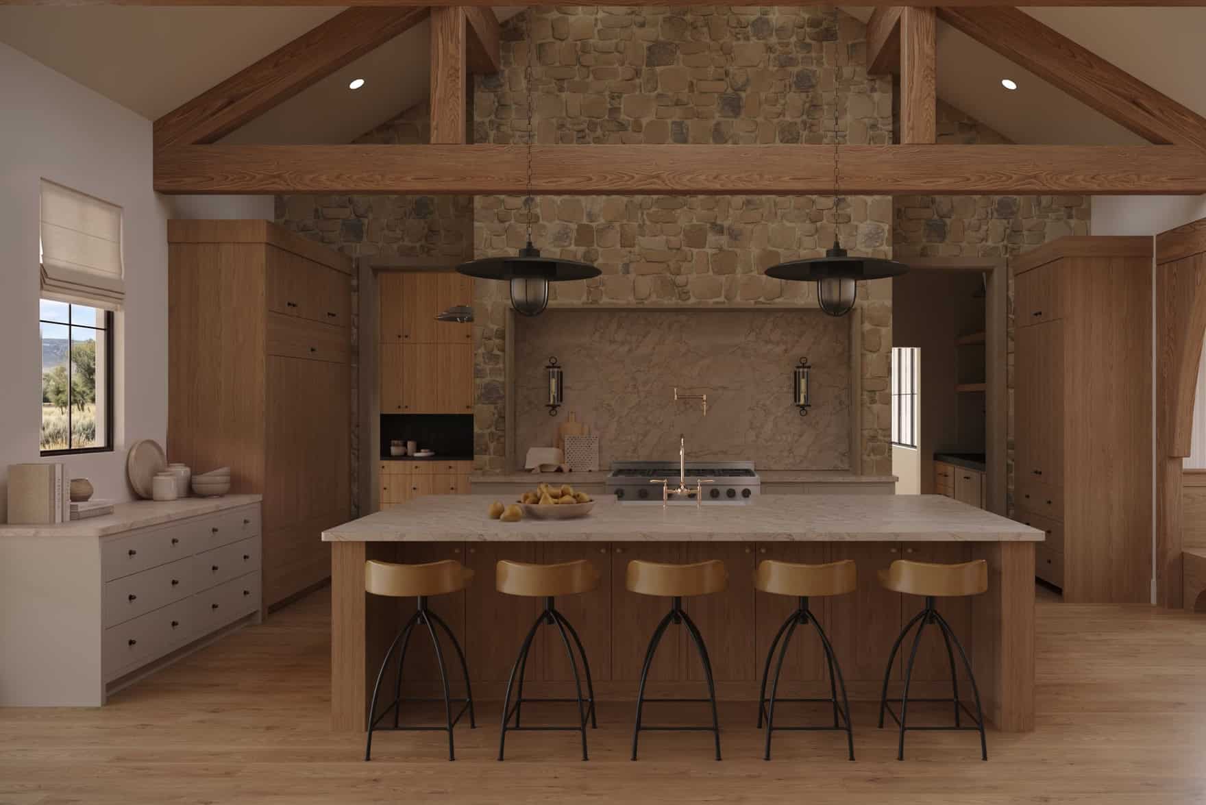 The Merrick Mountain Modern Kitchen - Luxury Custom Home Hailey Idaho Custom kitchen in The Merrick featuring natural wood cabinetry, a large center island, stone accents, and exposed timber beams.
