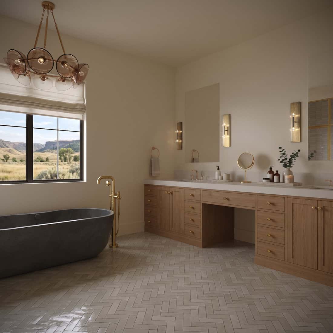 The Merrick Primary Bathroom - Luxury Custom Home Hailey Idaho Luxury primary bathroom in The Merrick featuring a freestanding tub, wood vanity, natural tile, and warm brass fixtures.