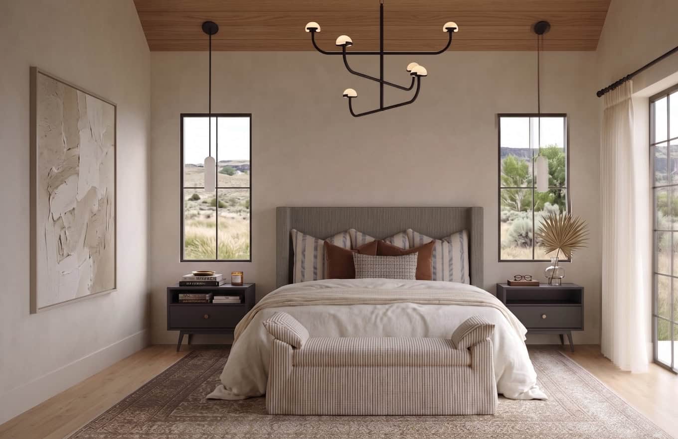 The Merrick Primary Bedroom - Luxury Custom Home Hailey Idaho Primary bedroom in The Merrick featuring a vaulted wood ceiling, fireplace, custom built-ins, large windows, and warm mountain modern finishes.