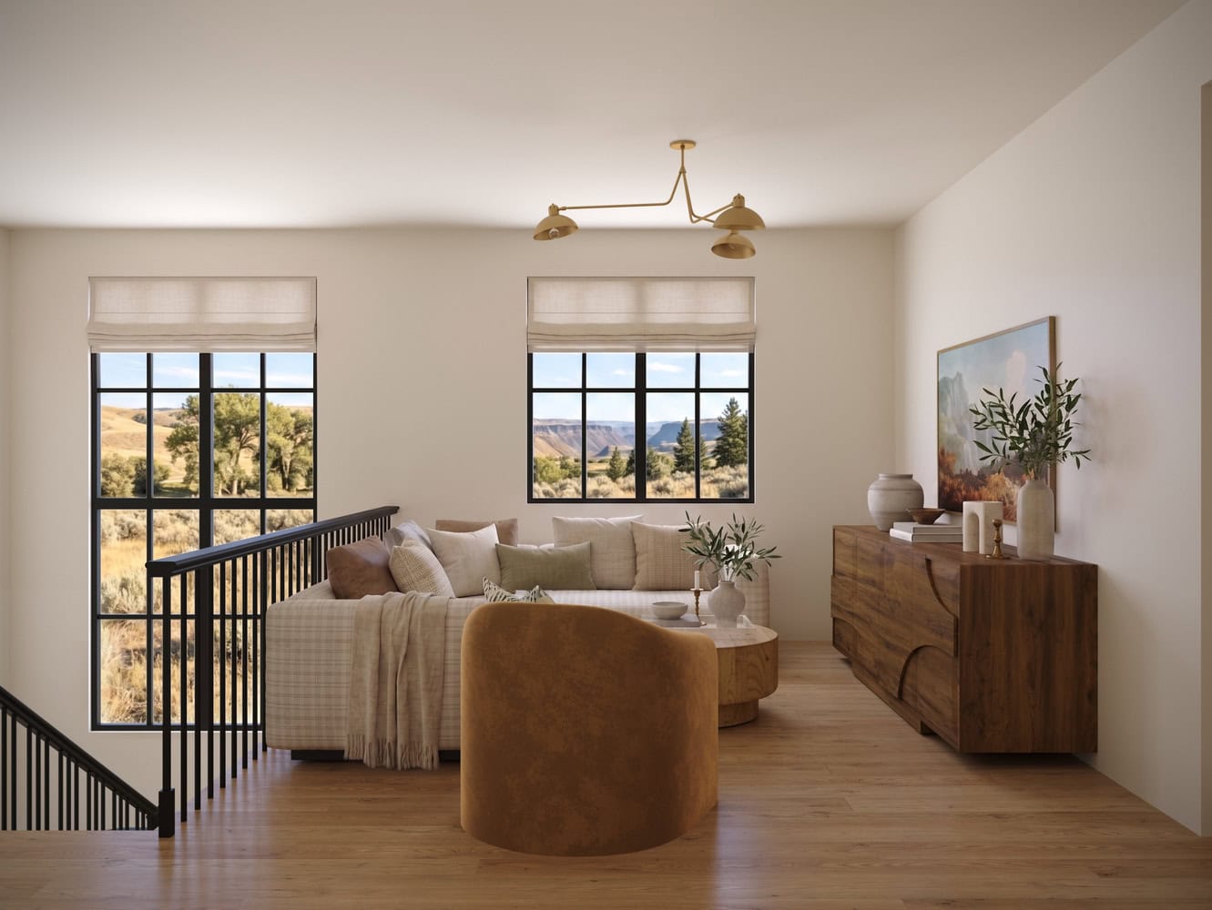 The Merrick Upstairs Den - Luxury Custom Home Hailey Idaho Upstairs den in The Merrick featuring large black-framed windows, warm wood flooring, comfortable seating, and mountain views.